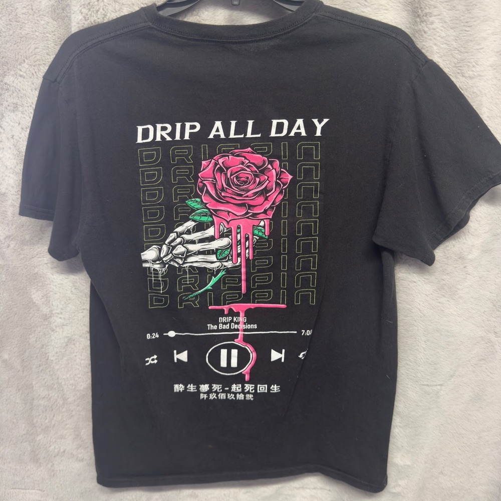 The Young Wild Graphic T Shirt Black Rose Skeleton Drip All‎ Day Mens Medium